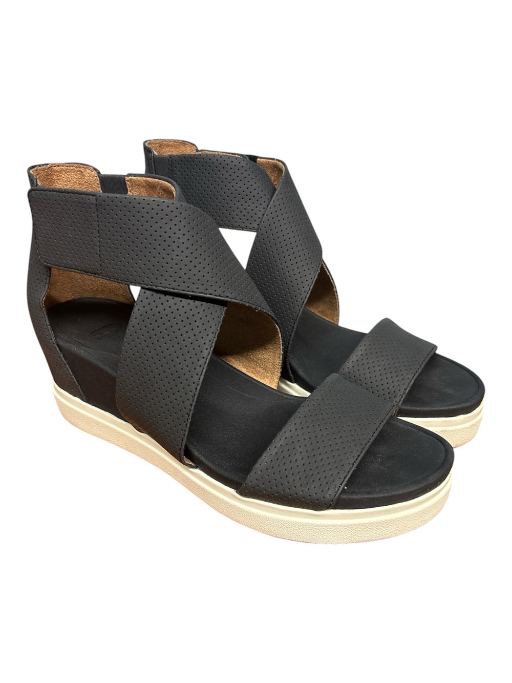 Dr Scholls Womens Sheena Platform Wedge Sandals Size 9 Faux Leather Black Smooth